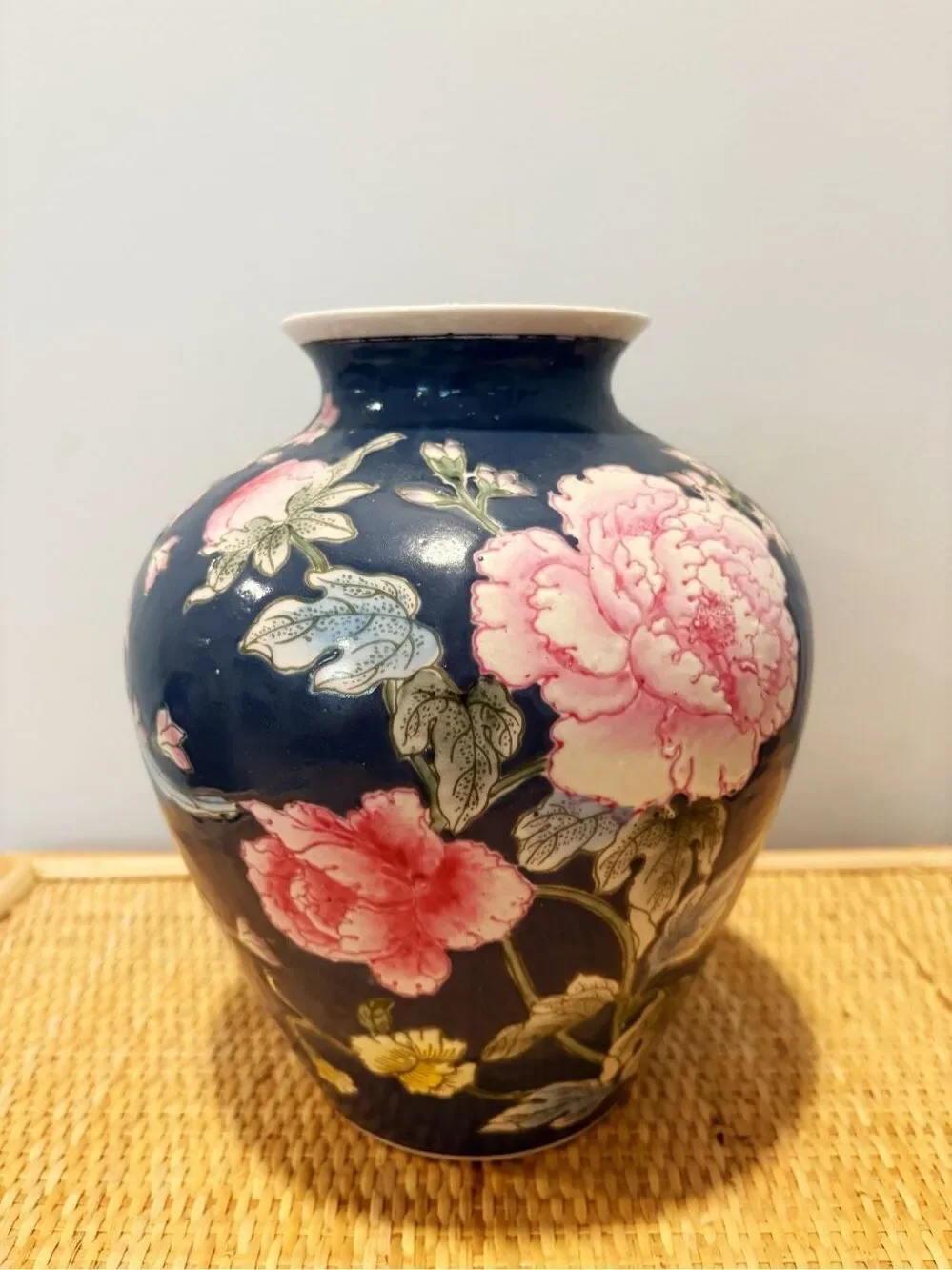 VTG Porcelain Rose Medallion Vase Blue Pink Peony Chinoiserie